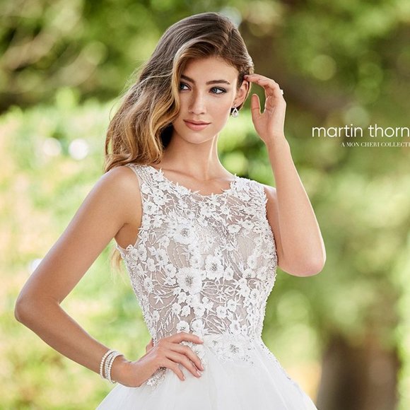 SAMPLE Mon Cheri, New Sheer Bodice Sexy Wedding Dress Ruffle Ballgown - Picture 3 of 9